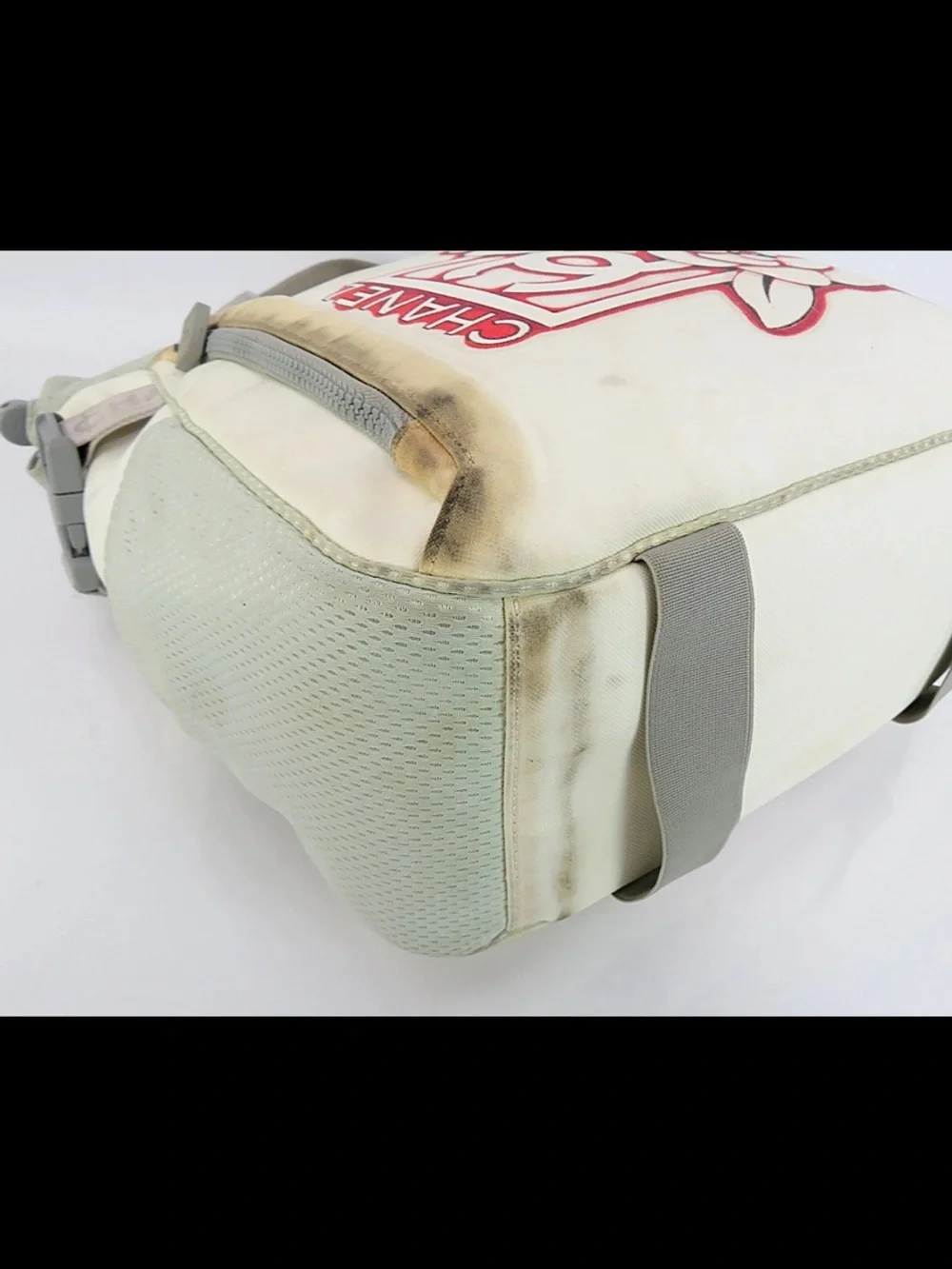 CHANEL Cream & Red Canvas Tote with Camellia Motif